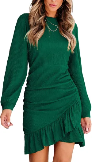 CUPSHE Women Knit Ruched Summer Dress Smocked Ruffle Hem Crew Neck Long Sleeve Bodycon Sexy Casual Holiday Mini Dress