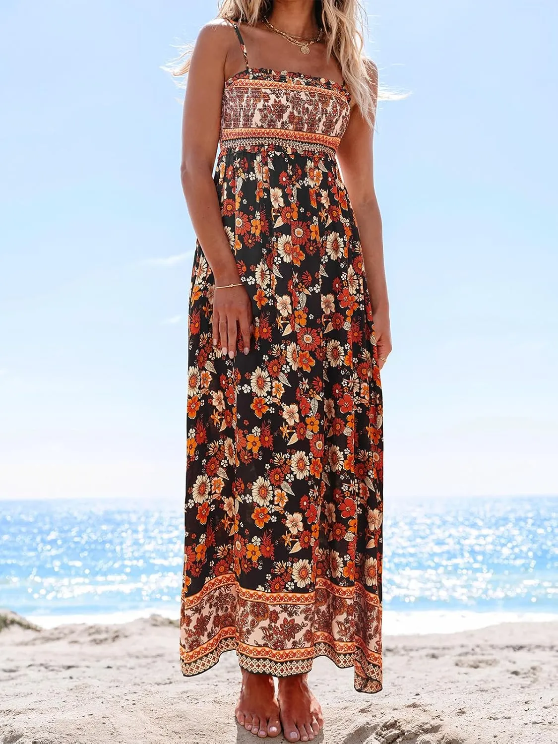 CUPSHE Women's Maxi Dress Ditsy Floral Smocked Summer Sundress Sleeveless Ruffled Spaghetti Straps Long Beach Formal Dress