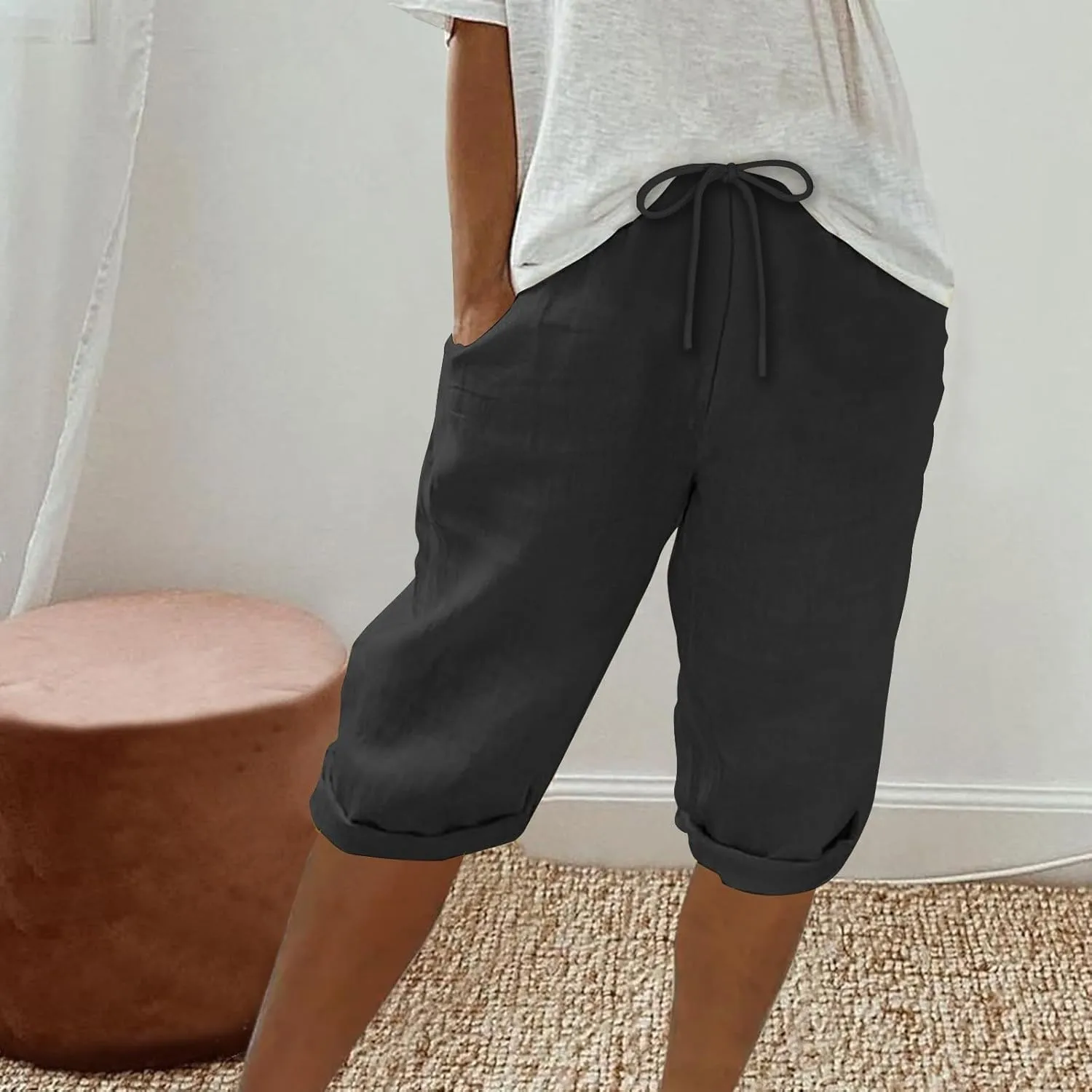 DDAPJ pyju Linen Bermuda Shorts for Women Summer Casual High Waisted Shorts Loose Drawstring Waist Beach Shorts with Pockets