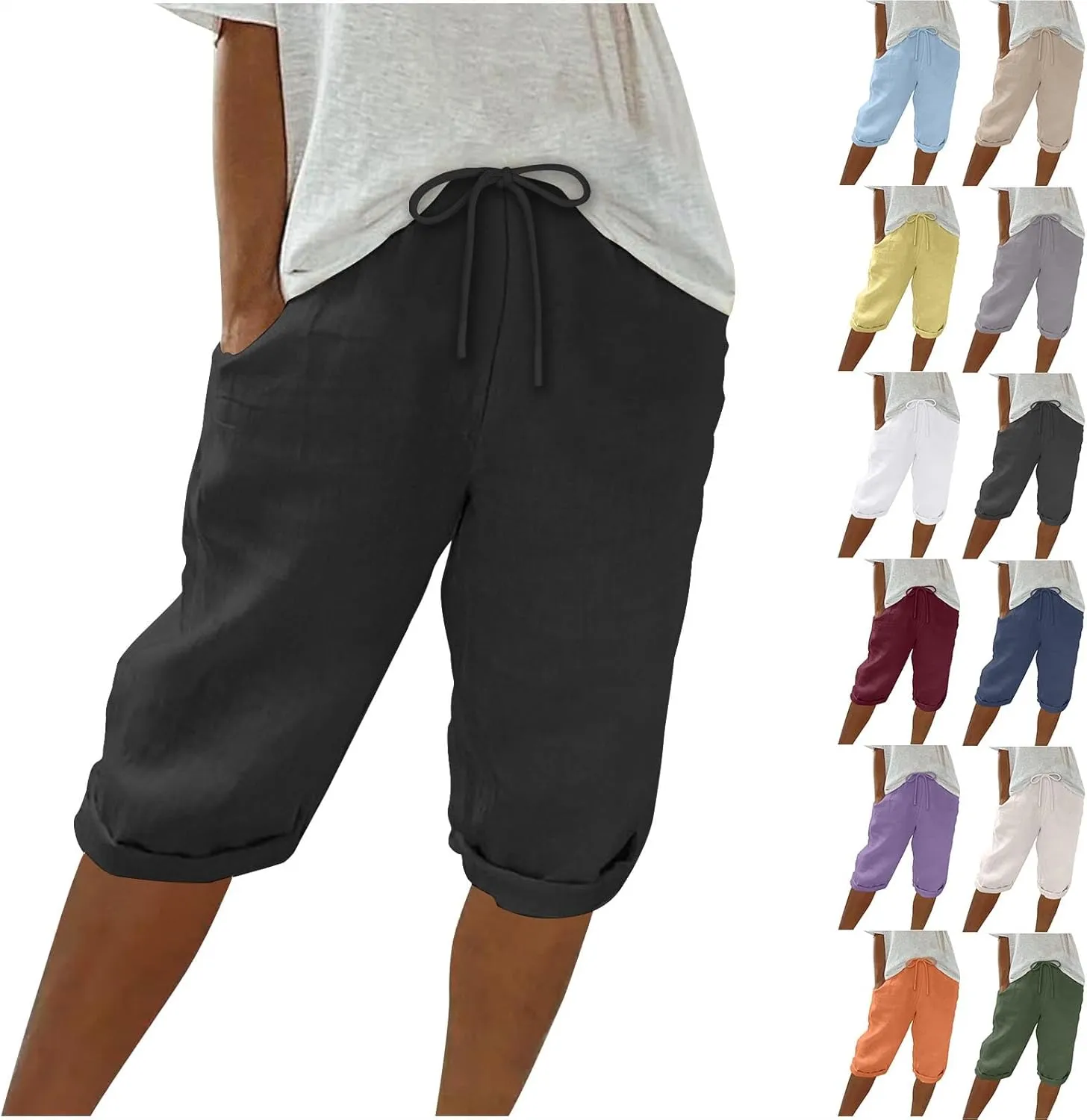DDAPJ pyju Linen Bermuda Shorts for Women Summer Casual High Waisted Shorts Loose Drawstring Waist Beach Shorts with Pockets