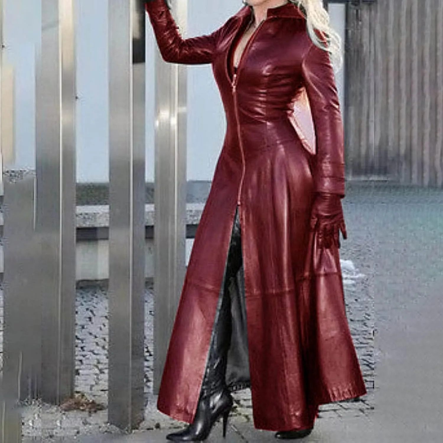 DDAPJ pyju Womens Faux Pu Leather Long Jacket Dress Full Zipper Trench Coat Motorcycle Jackets Lapel Long Sleeve Overcoat