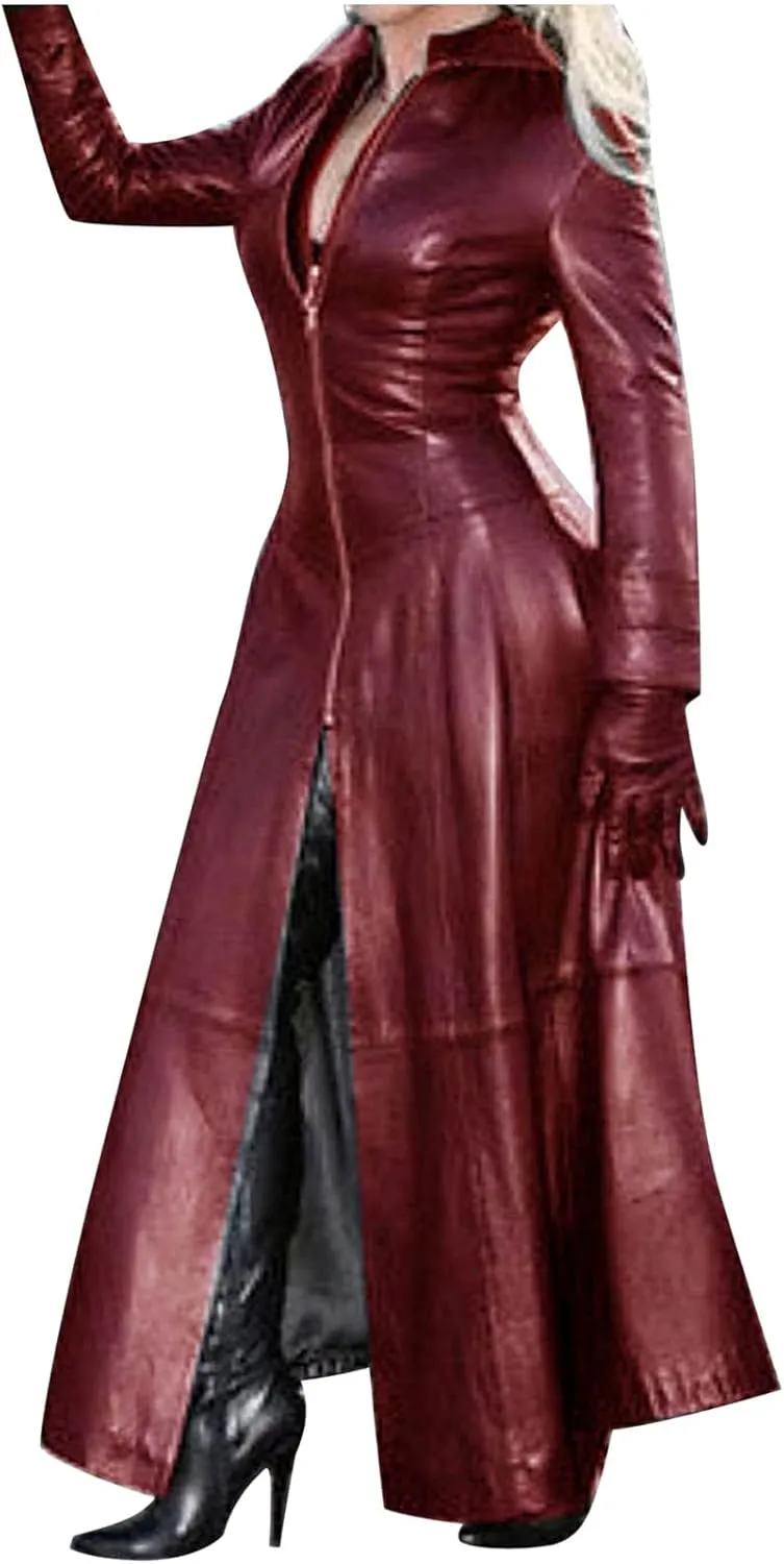 DDAPJ pyju Womens Faux Pu Leather Long Jacket Dress Full Zipper Trench Coat Motorcycle Jackets Lapel Long Sleeve Overcoat
