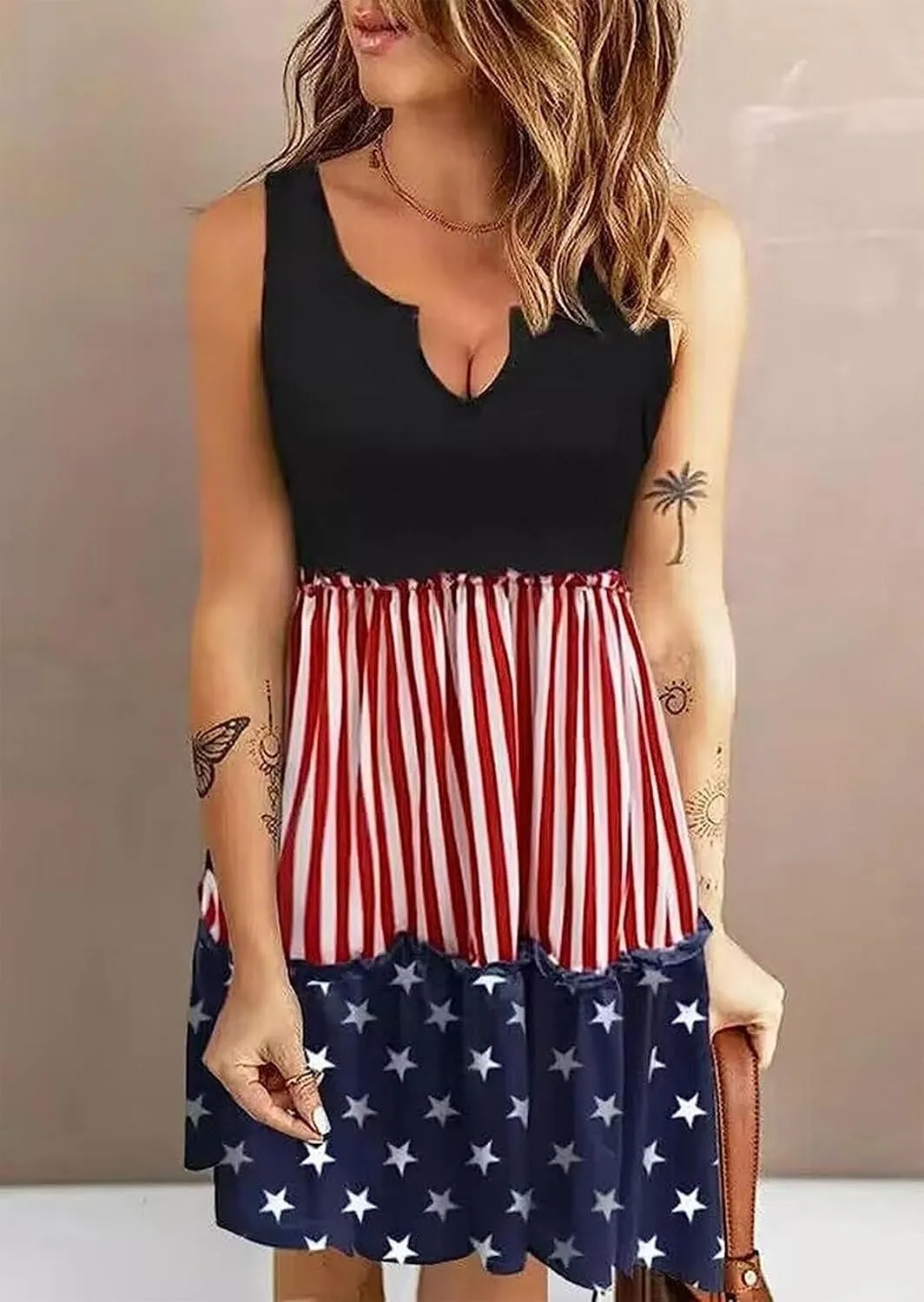 Ditsy Floral Color Block Ruffled Sleeveless Mini Dress Womens Casual Sleeveless Loose Flowy Swing Shift Summer Dress