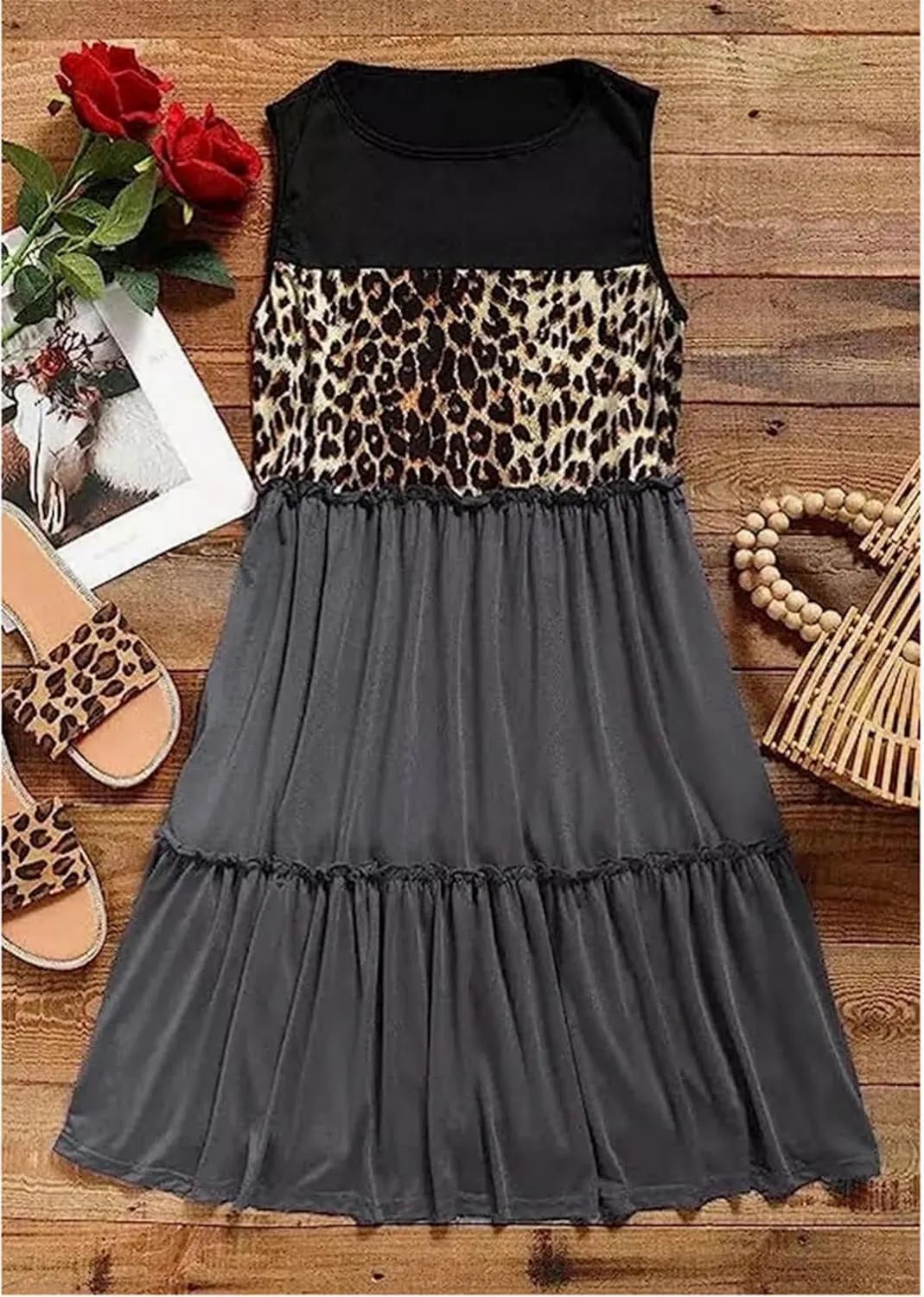 Ditsy Floral Color Block Ruffled Sleeveless Mini Dress Womens Casual Sleeveless Loose Flowy Swing Shift Summer Dress