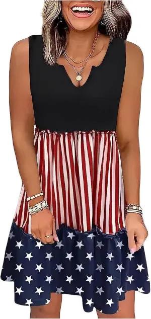 Ditsy Floral Color Block Ruffled Sleeveless Mini Dress Womens Casual Sleeveless Loose Flowy Swing Shift Summer Dress