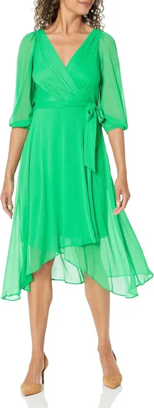 DKNY Women's Balloon Half Sleeve Faux Wrap Midi Dress