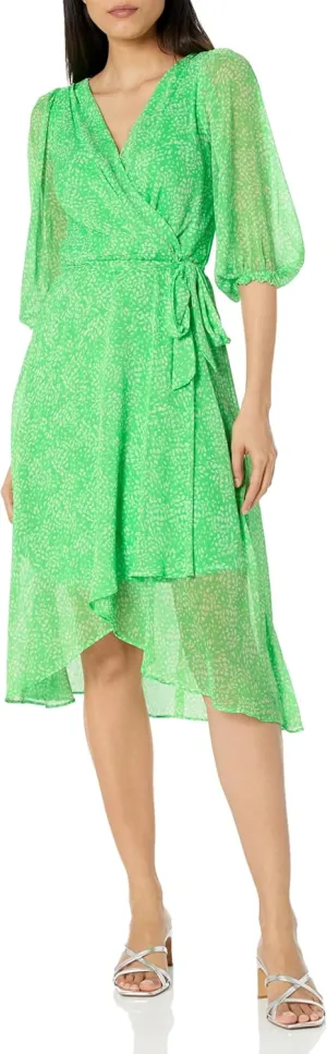 DKNY Women's Balloon Half Sleeve Faux Wrap Midi Dress
