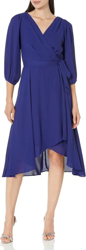 DKNY Women's Balloon Half Sleeve Faux Wrap Midi Dress