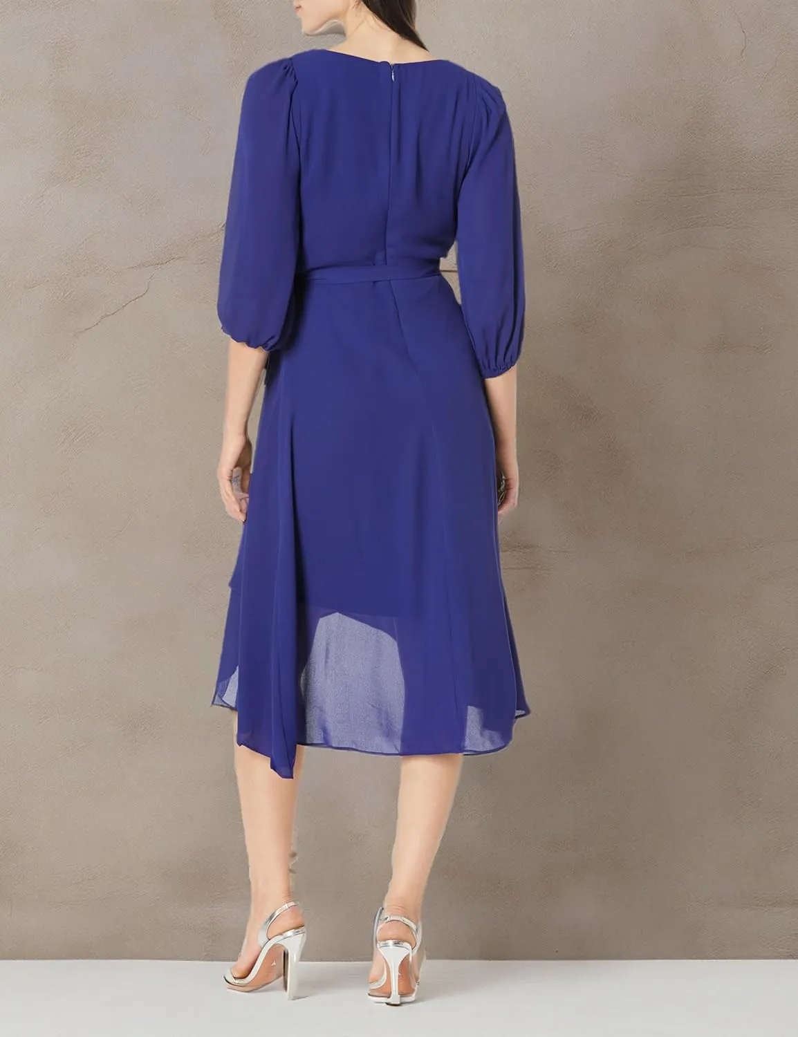 DKNY Women's Balloon Half Sleeve Faux Wrap Midi Dress