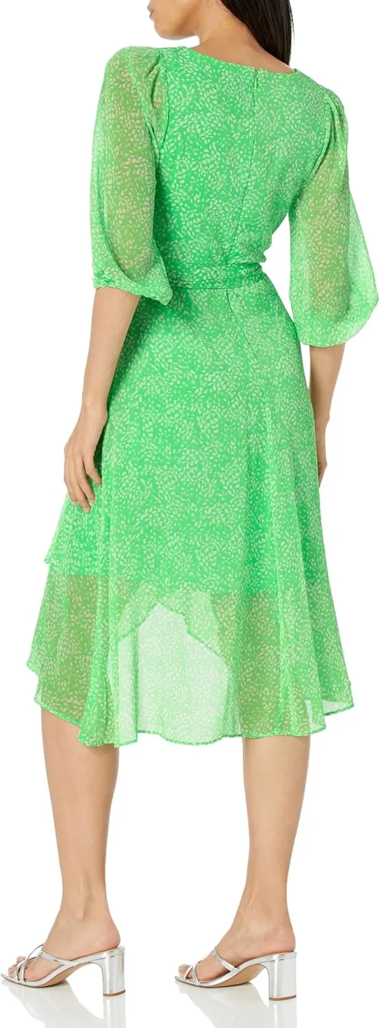 DKNY Women's Balloon Half Sleeve Faux Wrap Midi Dress