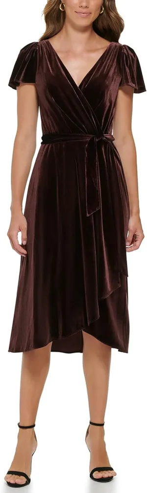 DKNY Women's Short Sleeve Asymmetrical Hem Faux Wrap Dress