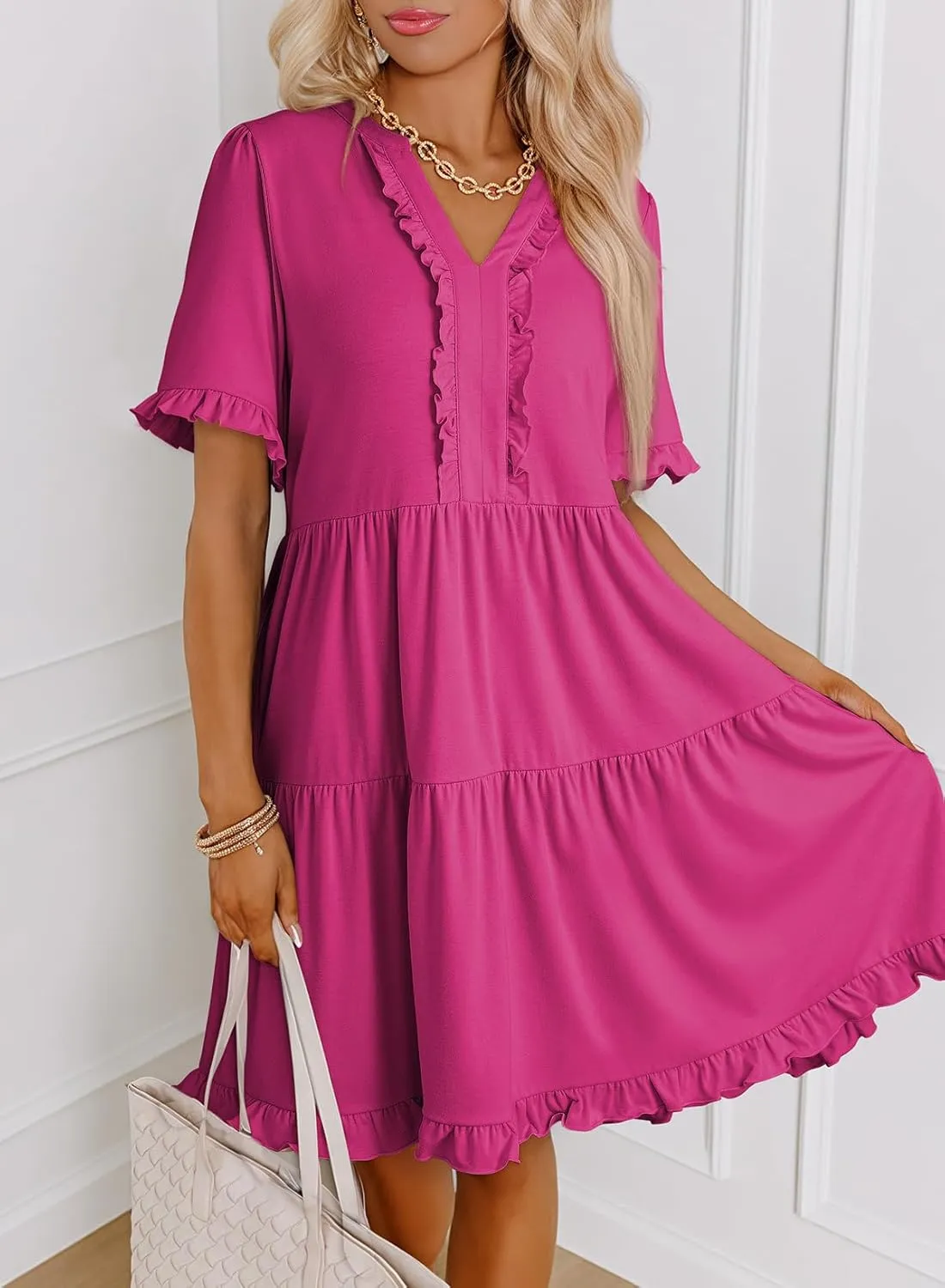 Dokotoo Womens Dresses 2025 Summer Spring V Neck Short Sleeve Casual A Line Flowy Swing Shift Dress Mini Dress