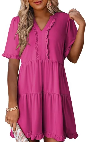 Dokotoo Womens Dresses 2025 Summer Spring V Neck Short Sleeve Casual A Line Flowy Swing Shift Dress Mini Dress