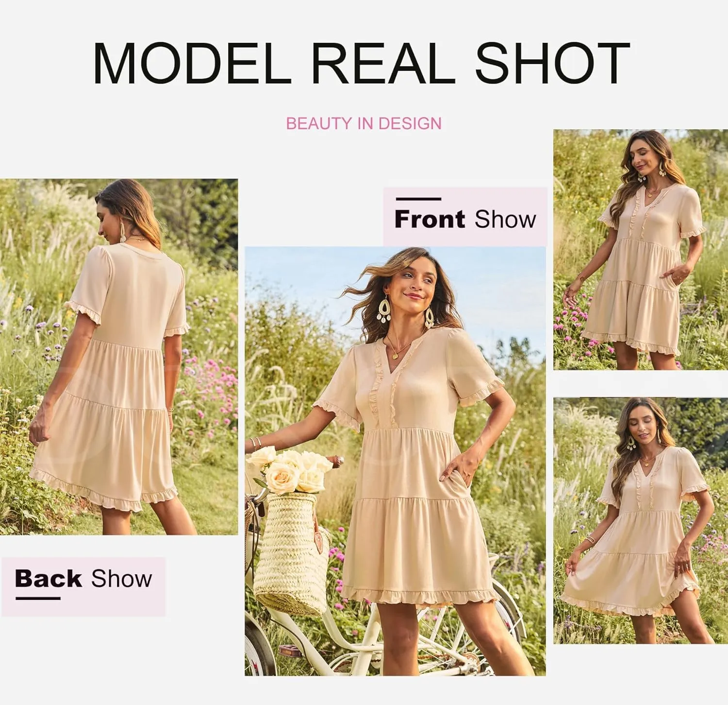 Dokotoo Womens Dresses 2025 Summer Spring V Neck Short Sleeve Casual A Line Flowy Swing Shift Dress Mini Dress