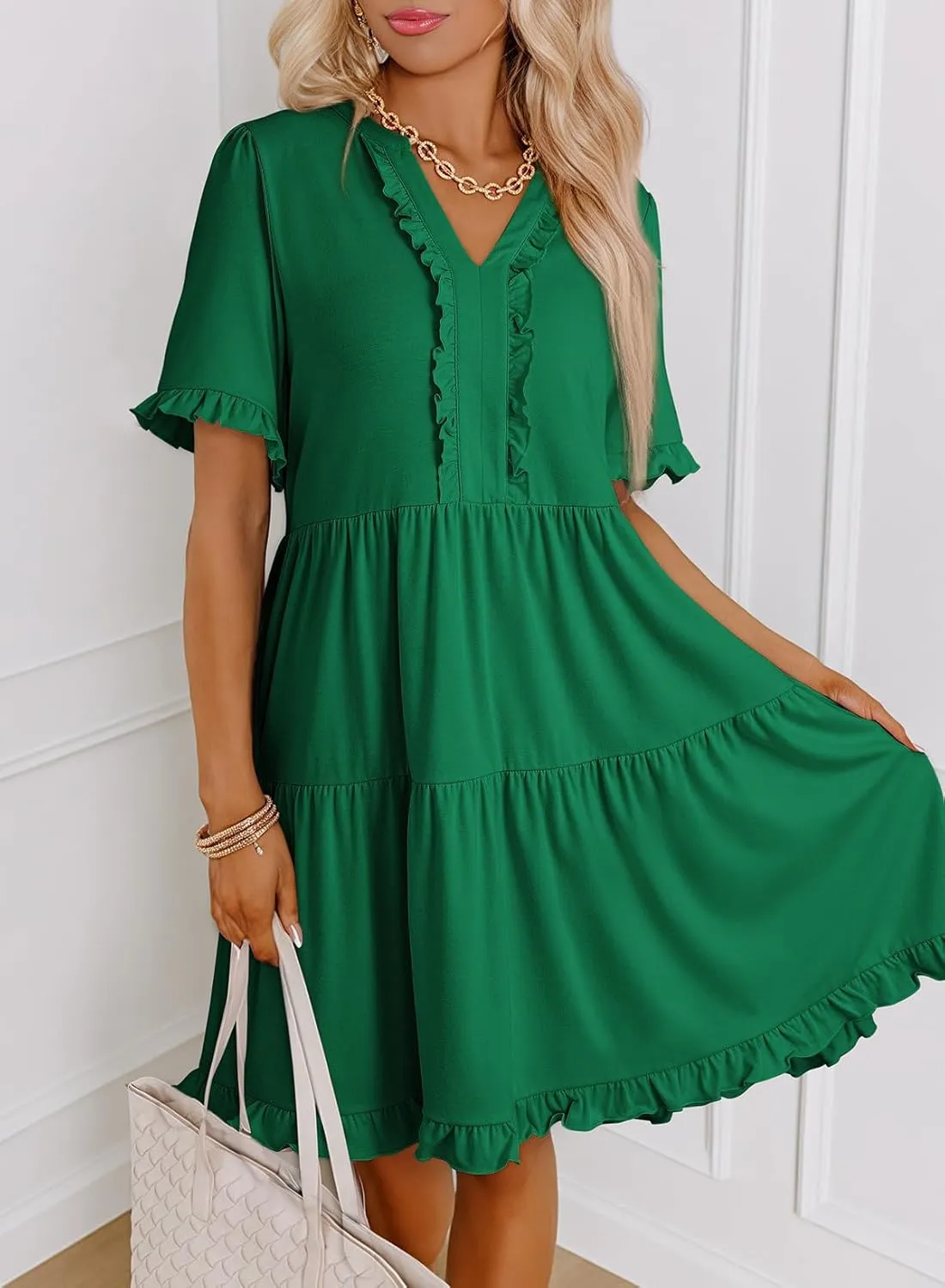Dokotoo Womens Dresses 2025 Summer Spring V Neck Short Sleeve Casual A Line Flowy Swing Shift Dress Mini Dress