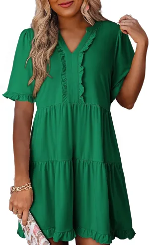 Dokotoo Womens Dresses 2025 Summer Spring V Neck Short Sleeve Casual A Line Flowy Swing Shift Dress Mini Dress
