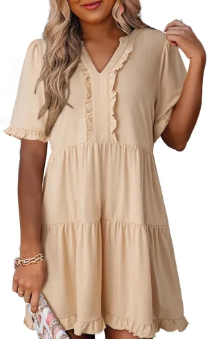 Dokotoo Womens Dresses 2025 Summer Spring V Neck Short Sleeve Casual A Line Flowy Swing Shift Dress Mini Dress