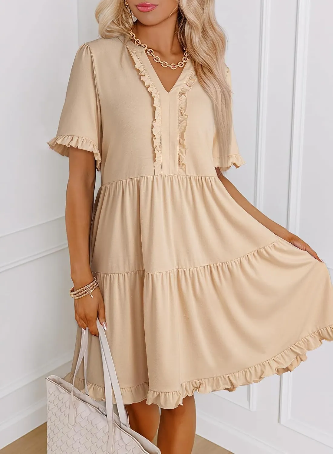 Dokotoo Womens Dresses 2025 Summer Spring V Neck Short Sleeve Casual A Line Flowy Swing Shift Dress Mini Dress