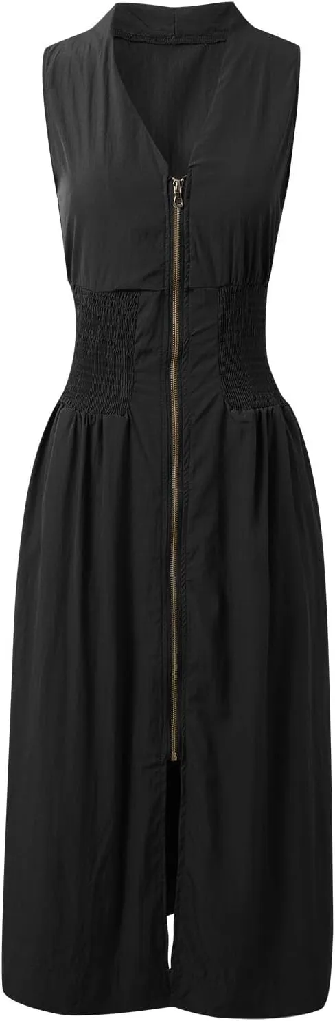 Dresses for Teens Cute Zipper Up Sleeveless V Neck Ruched Dresses with Pcokets Wedding Guest Spring Graduation Outfit