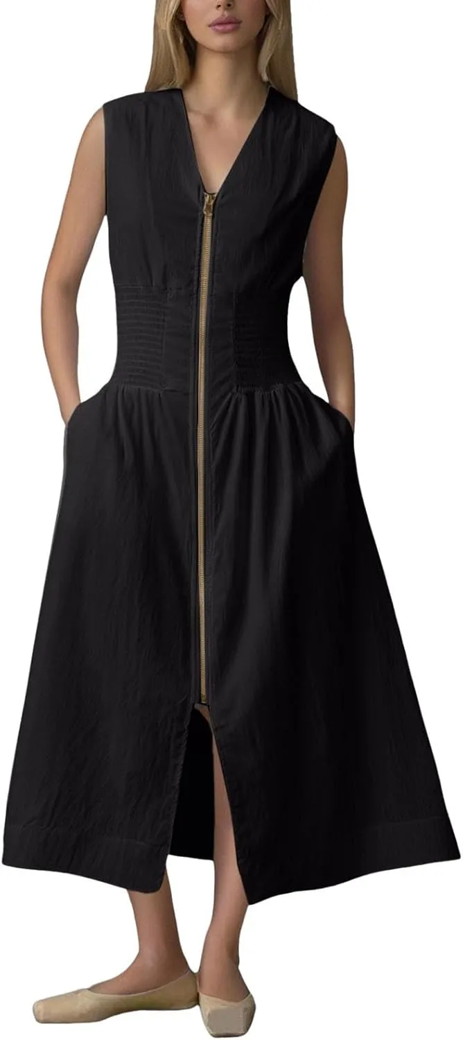 Dresses for Teens Cute Zipper Up Sleeveless V Neck Ruched Dresses with Pcokets Wedding Guest Spring Graduation Outfit