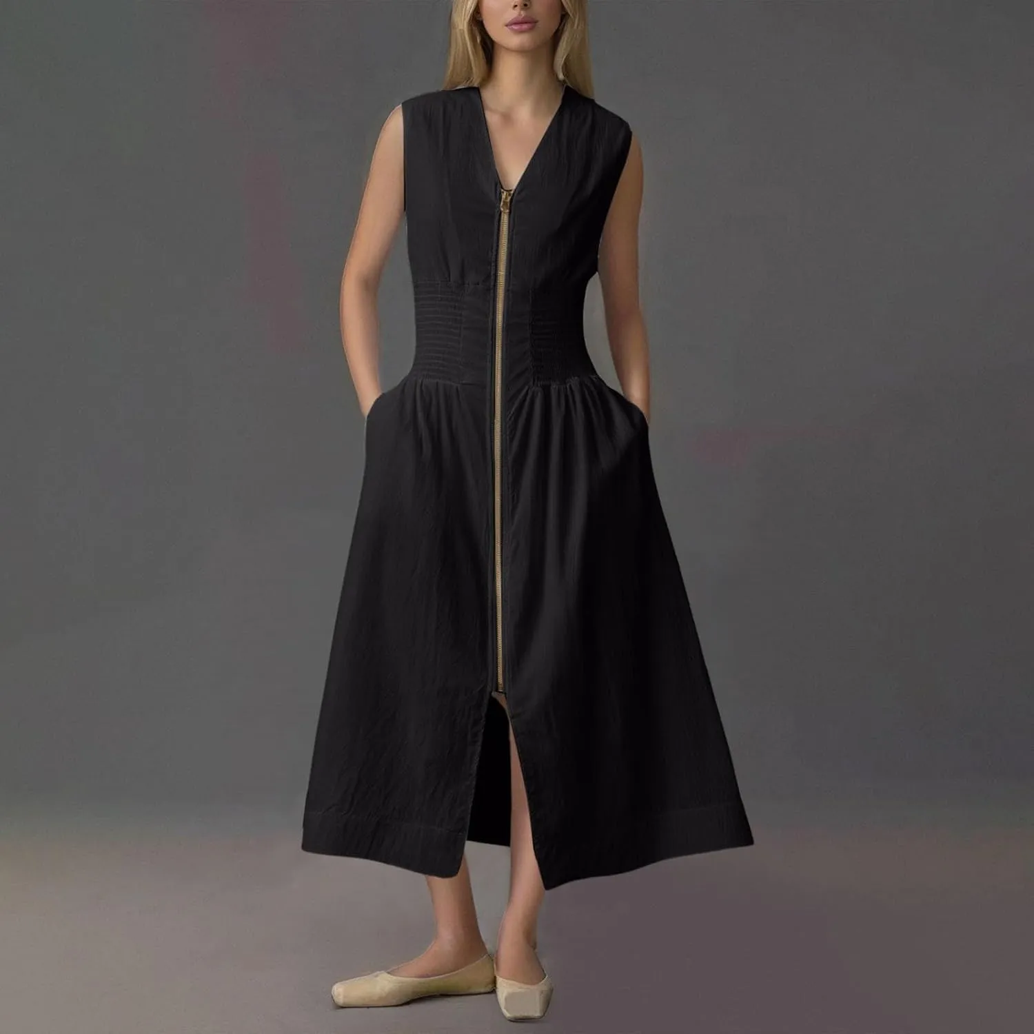 Dresses for Teens Cute Zipper Up Sleeveless V Neck Ruched Dresses with Pcokets Wedding Guest Spring Graduation Outfit