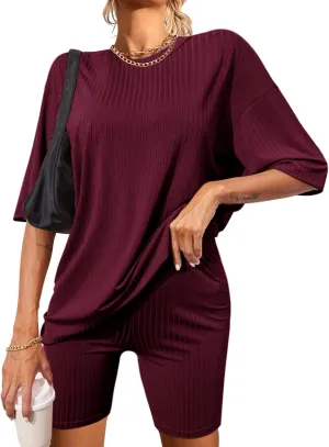 Ekouaer Pajamas 2 Piece Lounge Sets Ribbed Knit Matching Outfits T-shirt Biker Shorts Sleepwear Loungewear Sweatsuits Wine Red Large