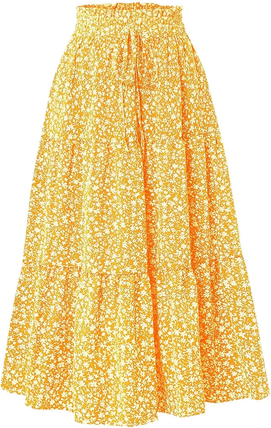 Elastic High Waist Flowy Long Skirts Women Boho Floral Tiered Pleated Summer Casual Beach Maxi Skirt