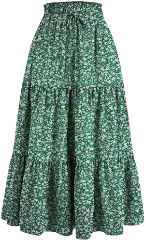 Elastic High Waist Flowy Long Skirts Women Boho Floral Tiered Pleated Summer Casual Beach Maxi Skirt