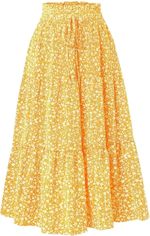 Elastic High Waist Flowy Long Skirts Women Boho Floral Tiered Pleated Summer Casual Beach Maxi Skirt