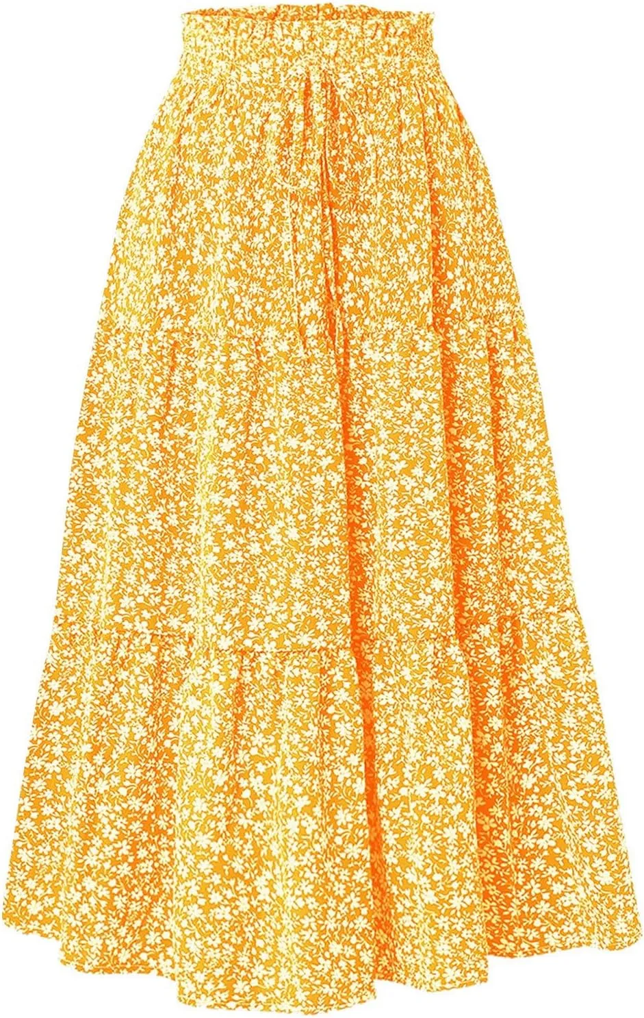 Elastic High Waist Flowy Long Skirts Women Boho Floral Tiered Pleated Summer Casual Beach Maxi Skirt