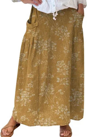 Elastic High Waist Flowy Maxi Skirts Women Boho Floral Tiered Pleated Summer Long Beach Casual Skirt