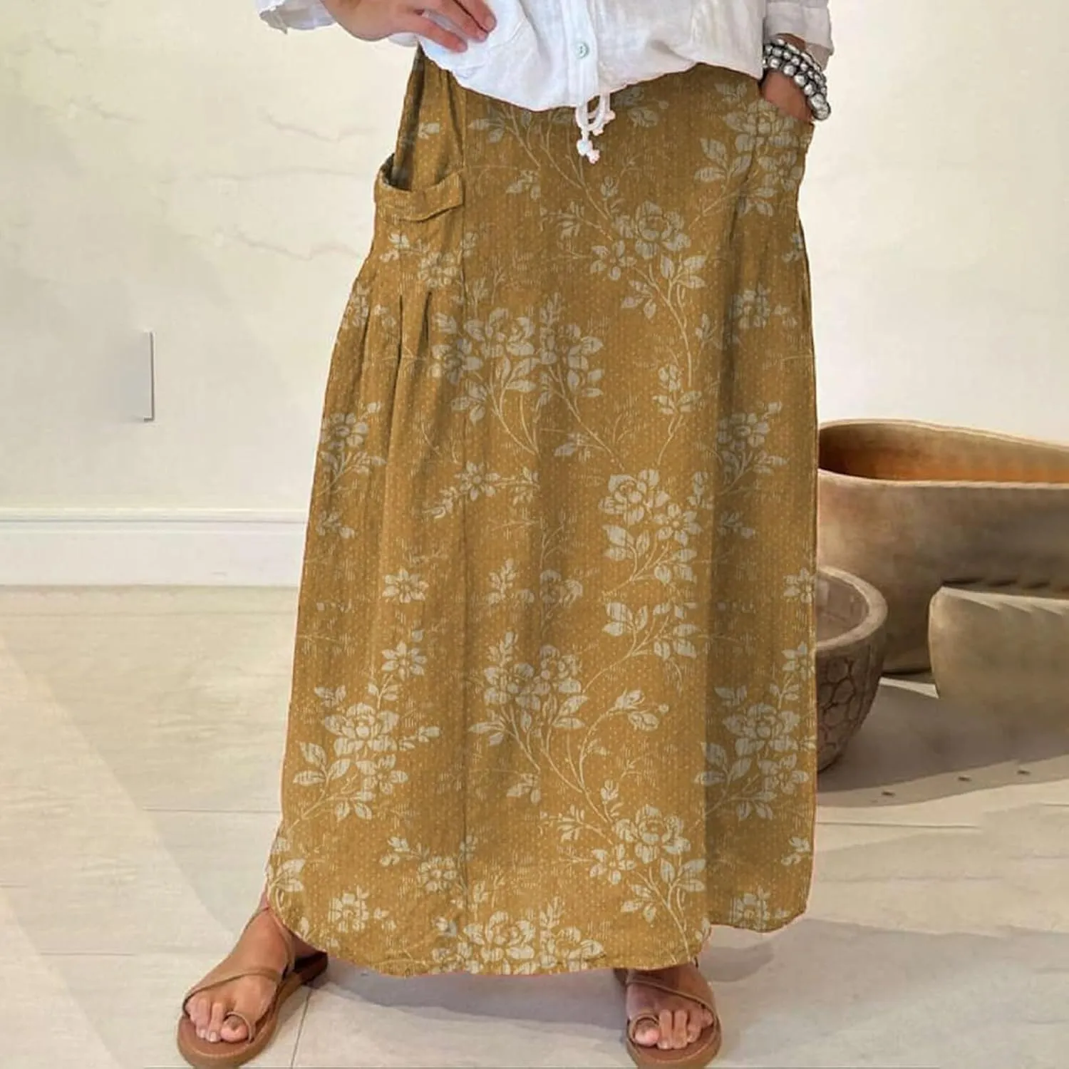 Elastic High Waist Flowy Maxi Skirts Women Boho Floral Tiered Pleated Summer Long Beach Casual Skirt