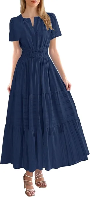 Elegant Tshirt Dresses for Women Smocked Short Sleeve V Neck Tiered Flowy Maxi Dress Back to School Outfits for Girls