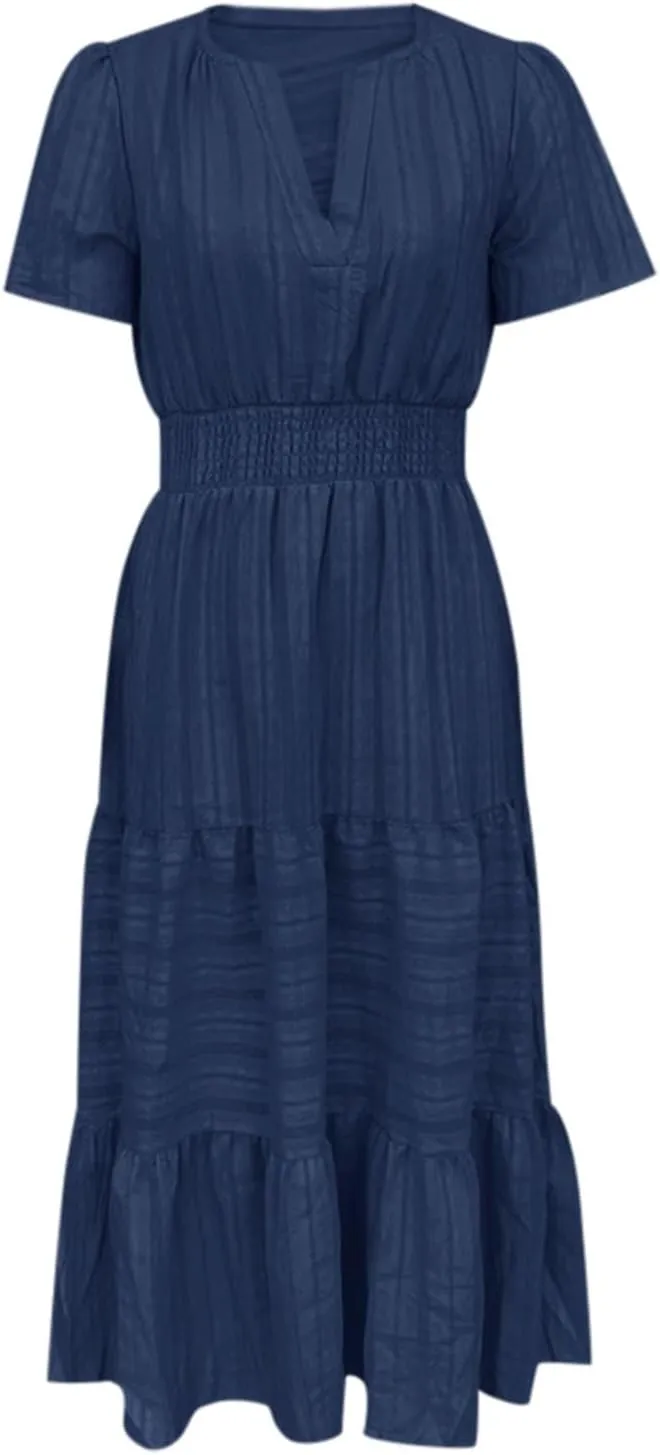 Elegant Tshirt Dresses for Women Smocked Short Sleeve V Neck Tiered Flowy Maxi Dress Back to School Outfits for Girls