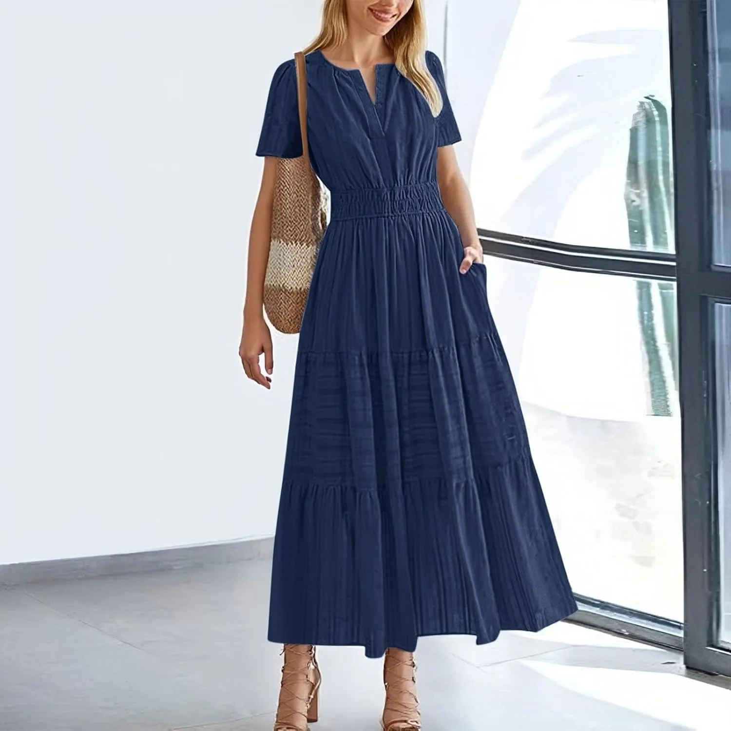 Elegant Tshirt Dresses for Women Smocked Short Sleeve V Neck Tiered Flowy Maxi Dress Back to School Outfits for Girls
