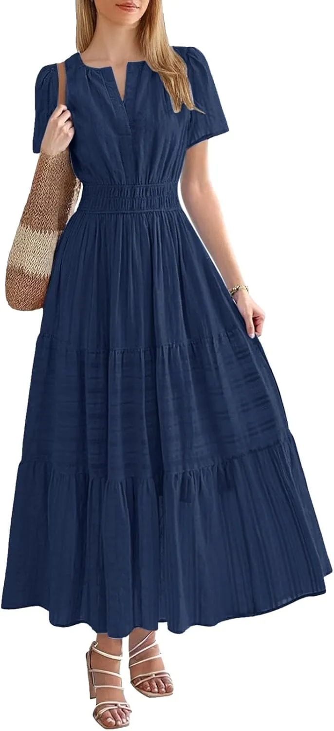 Elegant Tshirt Dresses for Women Smocked Short Sleeve V Neck Tiered Flowy Maxi Dress Back to School Outfits for Girls
