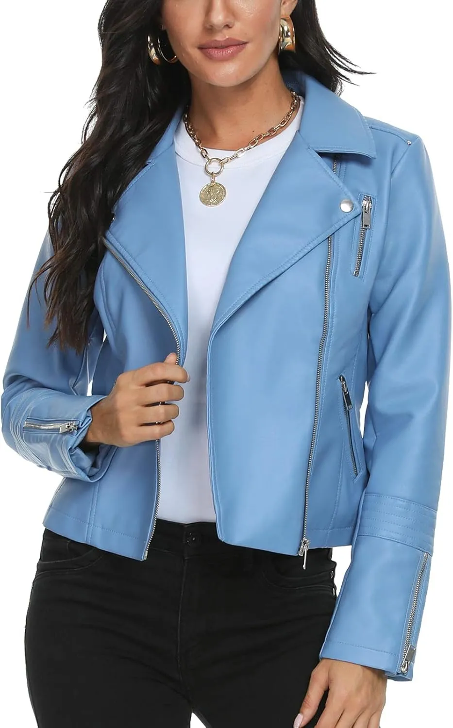 Fahsyee Faux Leather Jacket for Women, Vegan Jackets Moto Biker Motocycle Coat
