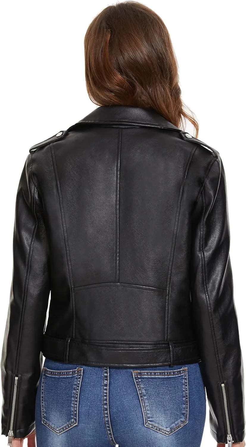 Fahsyee Faux Leather Jacket for Women, Vegan Jackets Moto Biker Motocycle Coat