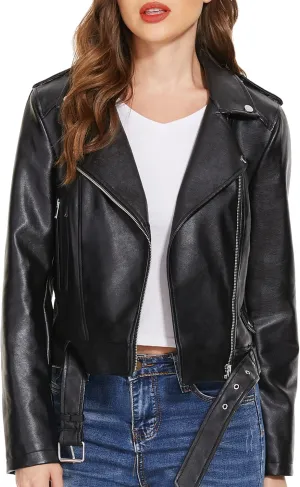 Fahsyee Faux Leather Jacket for Women, Vegan Jackets Moto Biker Motocycle Coat