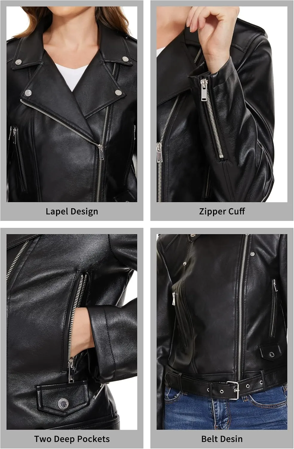Fahsyee Faux Leather Jacket for Women, Vegan Jackets Moto Biker Motocycle Coat
