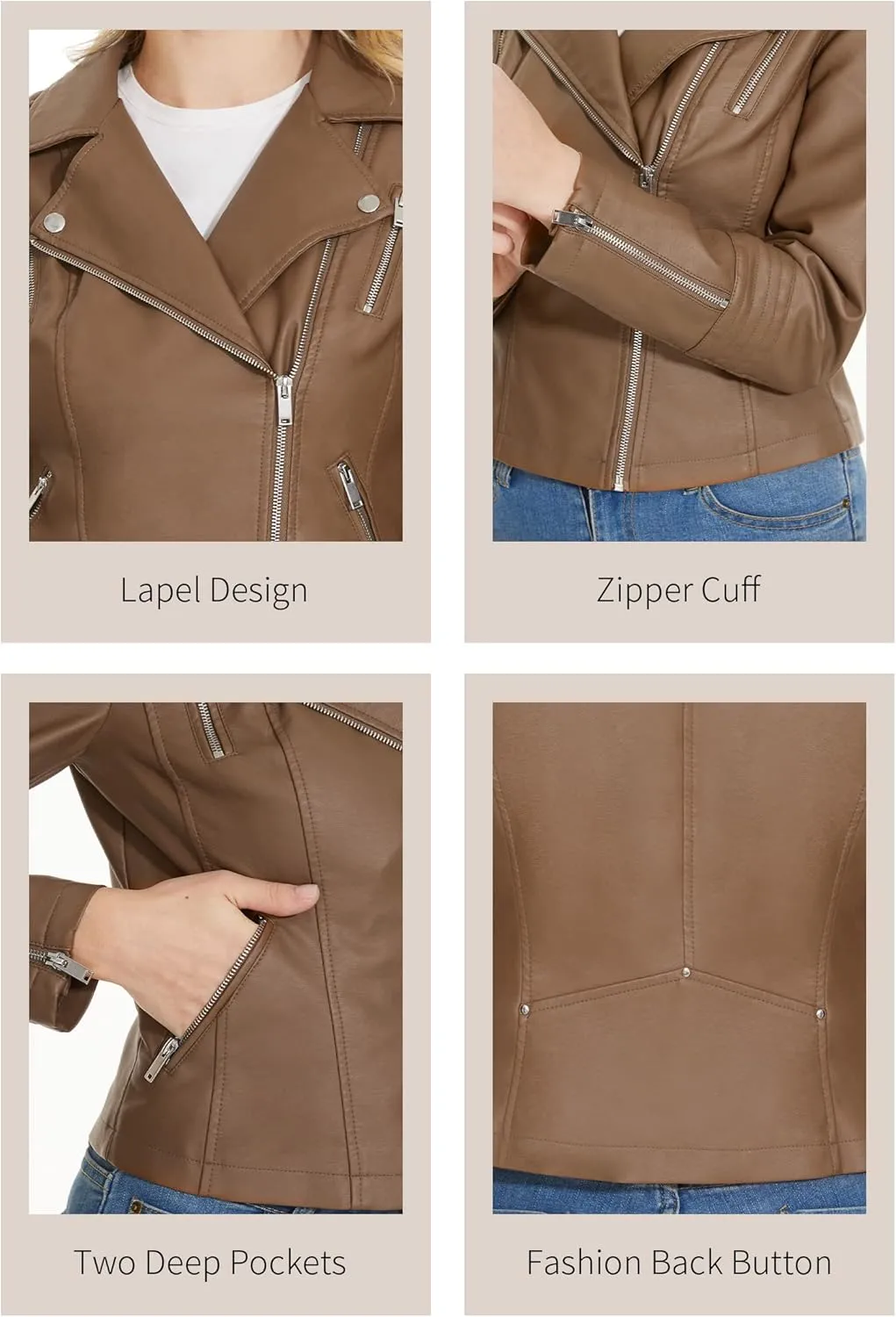 Fahsyee Faux Leather Jacket for Women, Vegan Jackets Moto Biker Motocycle Coat