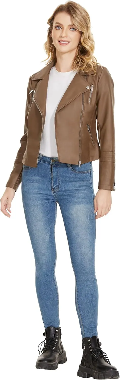 Fahsyee Faux Leather Jacket for Women, Vegan Jackets Moto Biker Motocycle Coat