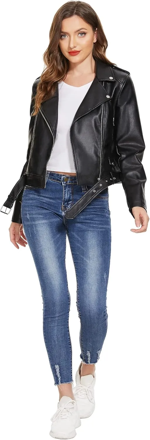 Fahsyee Faux Leather Jacket for Women, Vegan Jackets Moto Biker Motocycle Coat
