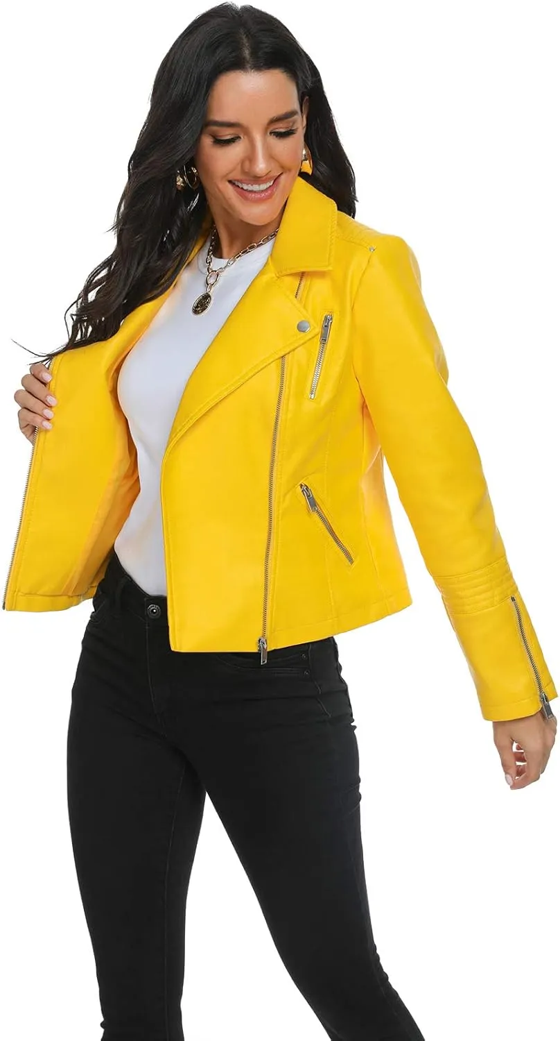 Fahsyee Faux Leather Jacket for Women, Vegan Jackets Moto Biker Motocycle Coat