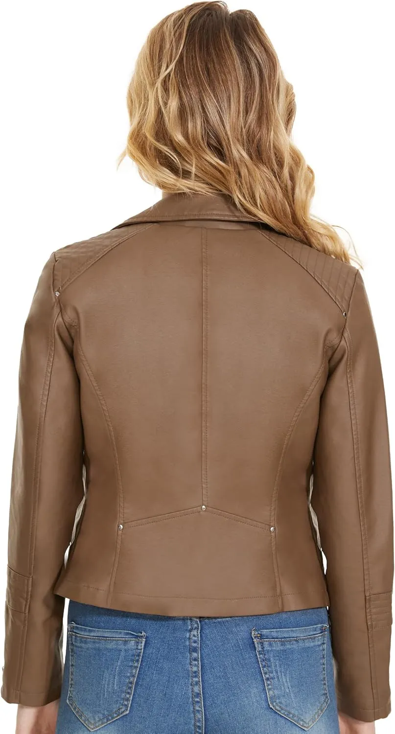 Fahsyee Faux Leather Jacket for Women, Vegan Jackets Moto Biker Motocycle Coat