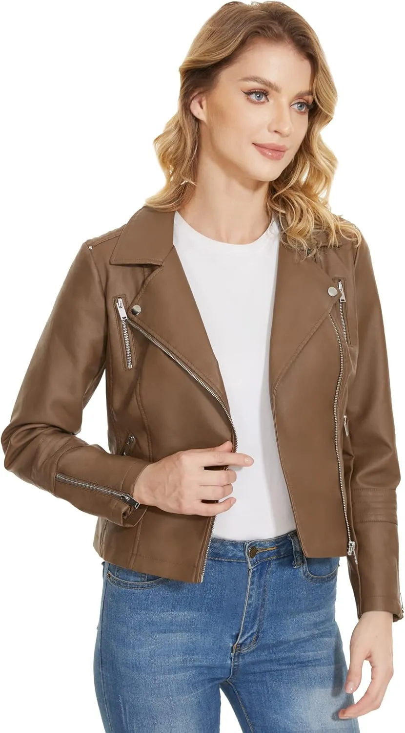 Fahsyee Faux Leather Jacket for Women, Vegan Jackets Moto Biker Motocycle Coat