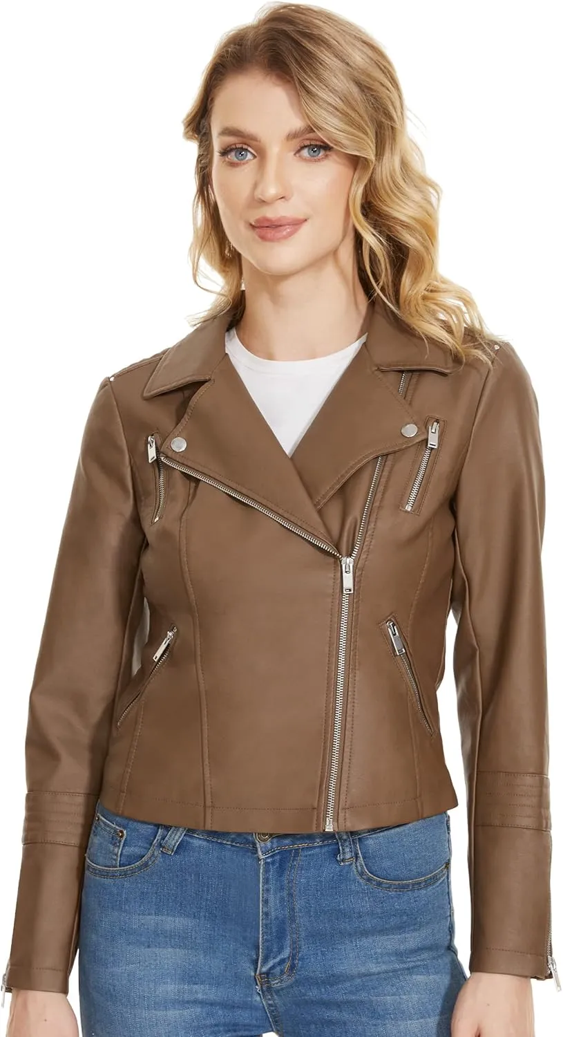 Fahsyee Faux Leather Jacket for Women, Vegan Jackets Moto Biker Motocycle Coat