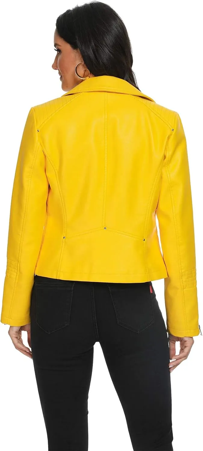 Fahsyee Faux Leather Jacket for Women, Vegan Jackets Moto Biker Motocycle Coat