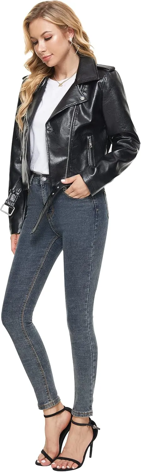Fahsyee Faux Leather Jacket for Women, Vegan Jackets Moto Biker Motocycle Coat