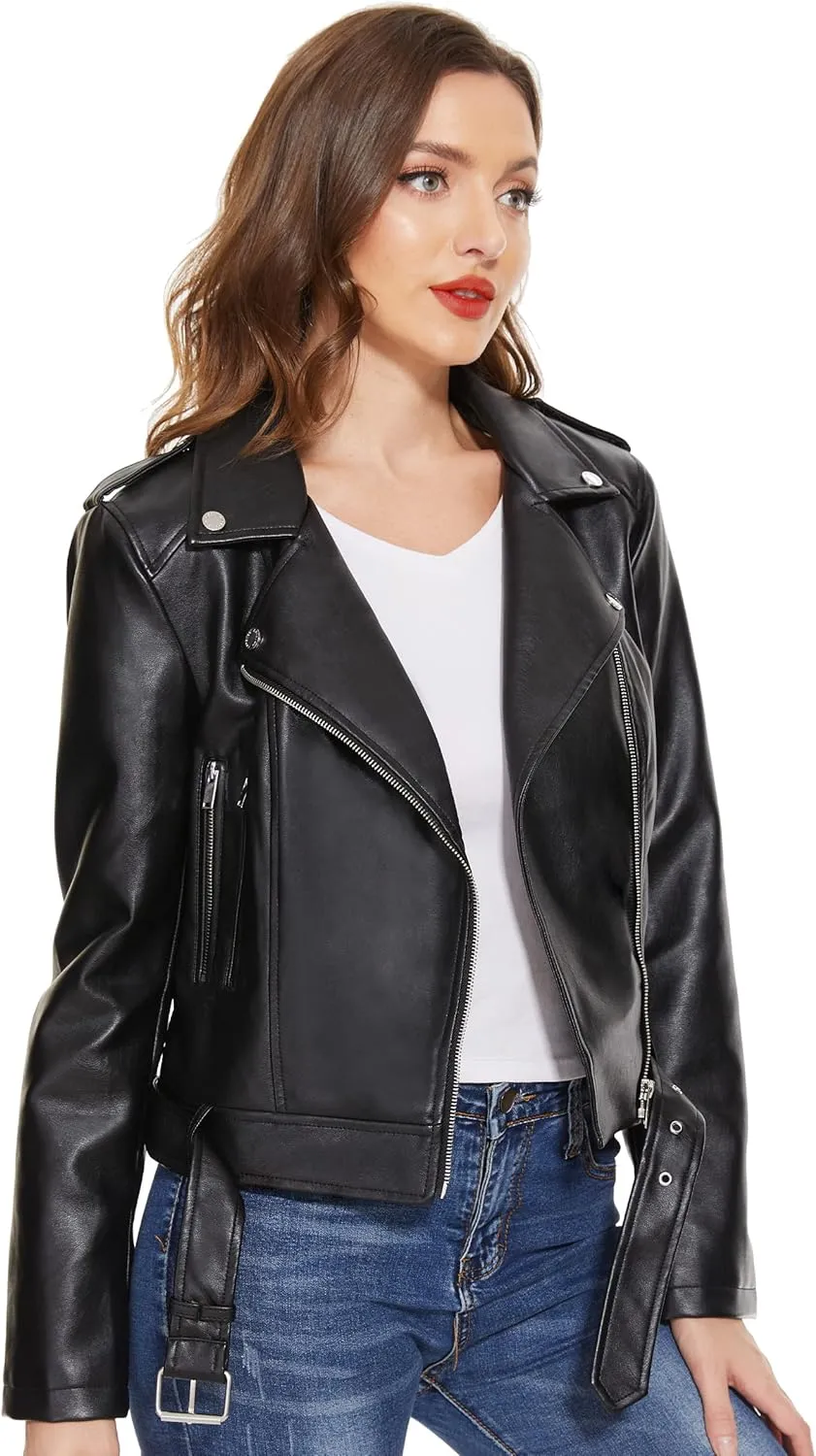 Fahsyee Faux Leather Jacket for Women, Vegan Jackets Moto Biker Motocycle Coat